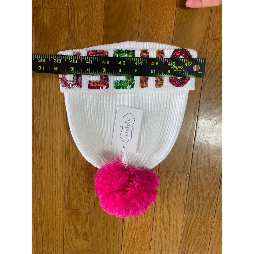 Mud Pie White Cheer Sequin Beanie Pink Pom Pom Ribbed Knit‎ Winter Hat NWT